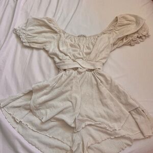 Cream Off-Shoulder Romper with Waist Tie
